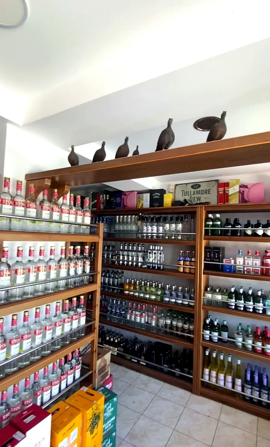 Close-up of premium vodka and whiskey bottles on the shelves